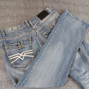 CJ Black Low Rise Boot Jeans Mens 34x30(Fit 35x30) Blue Flap Pockets Distressed